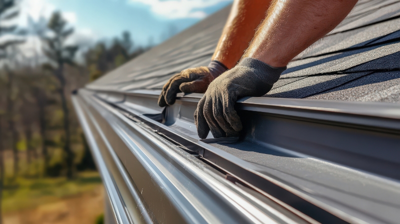 Man wearing gloves securing a gutter to a roof.